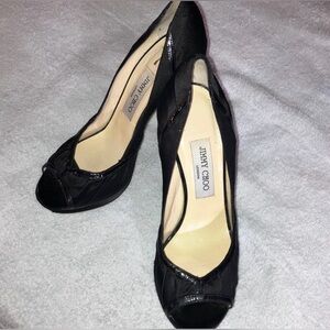 Jimmy Choo Black Satin Peep Toe Platform Heels 6” Stiletto Patent Trim Italy 38